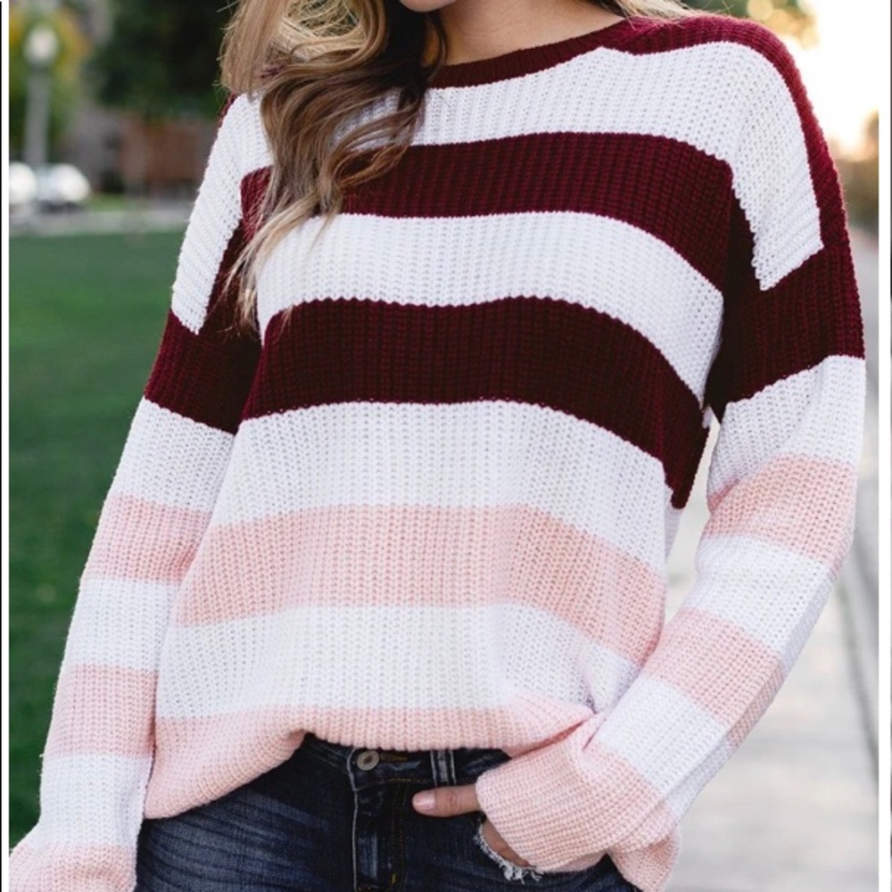 💕ShopPriceless- Lola Burgundy & Pink Striped Sweater